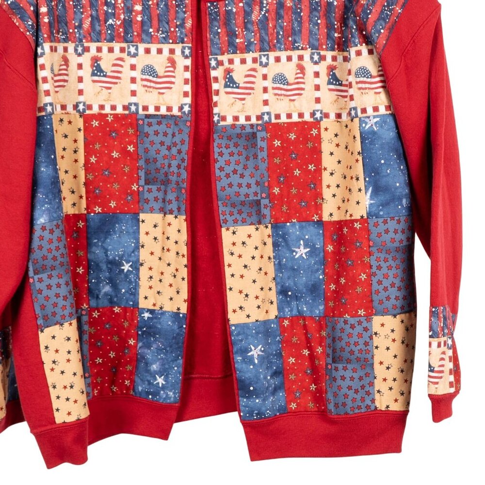 Patriotic Patchwork Cardigan Sweatshirt L XL Rooster Stars July 4th USA 90s Mom - Picture 3 of 5
